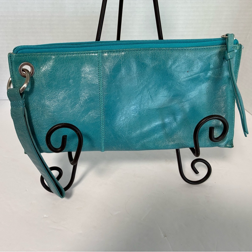 Vintage Hobo Teal Clutch Leather with Strap and Silver Accents - distressed look